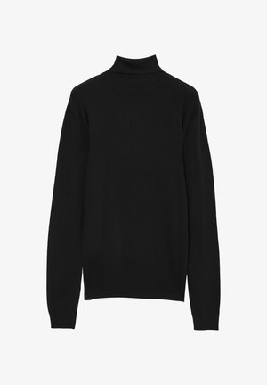 Schwarzer Rollkragenpullover aus weichem, strukturiertem Stoff. Mit langen Ärmeln und einem figurschmeichelnden hohen Kragen, in einem klaren, minimalistischen Design.