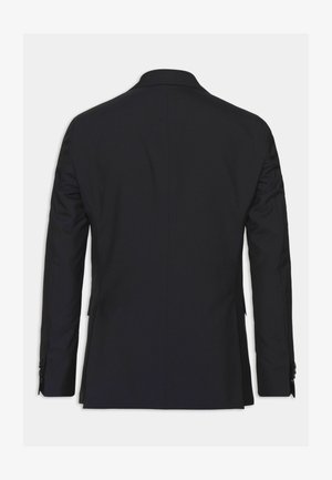 Veste de costume noire avec un design structuré, texture lisse et col cranté traditionnel. Comprend deux fentes arrière et des poignets à boutons.