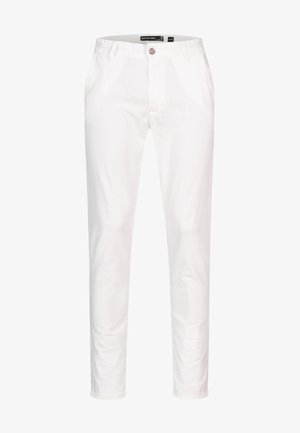 Hvite, smale, uformelle bukser med knapp og glidelås foran, beltehemper og sidelommer, vist på hvit bakgrunn.