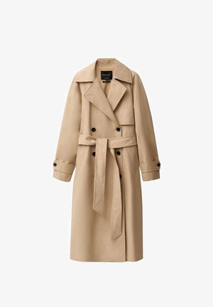 Bež plašč iz gladkega blaga, z dvojno zapenjanjem spredaj, širokimi reverji, pasom na vezanje in z gumbi na manšetah.