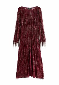 Burgunderfarbenes Kleid aus transparentem Stoff, mit langen Ärmeln und dekorativem Fransen mit metallischen Akzenten. A-Linien-Silhouette, knielang.