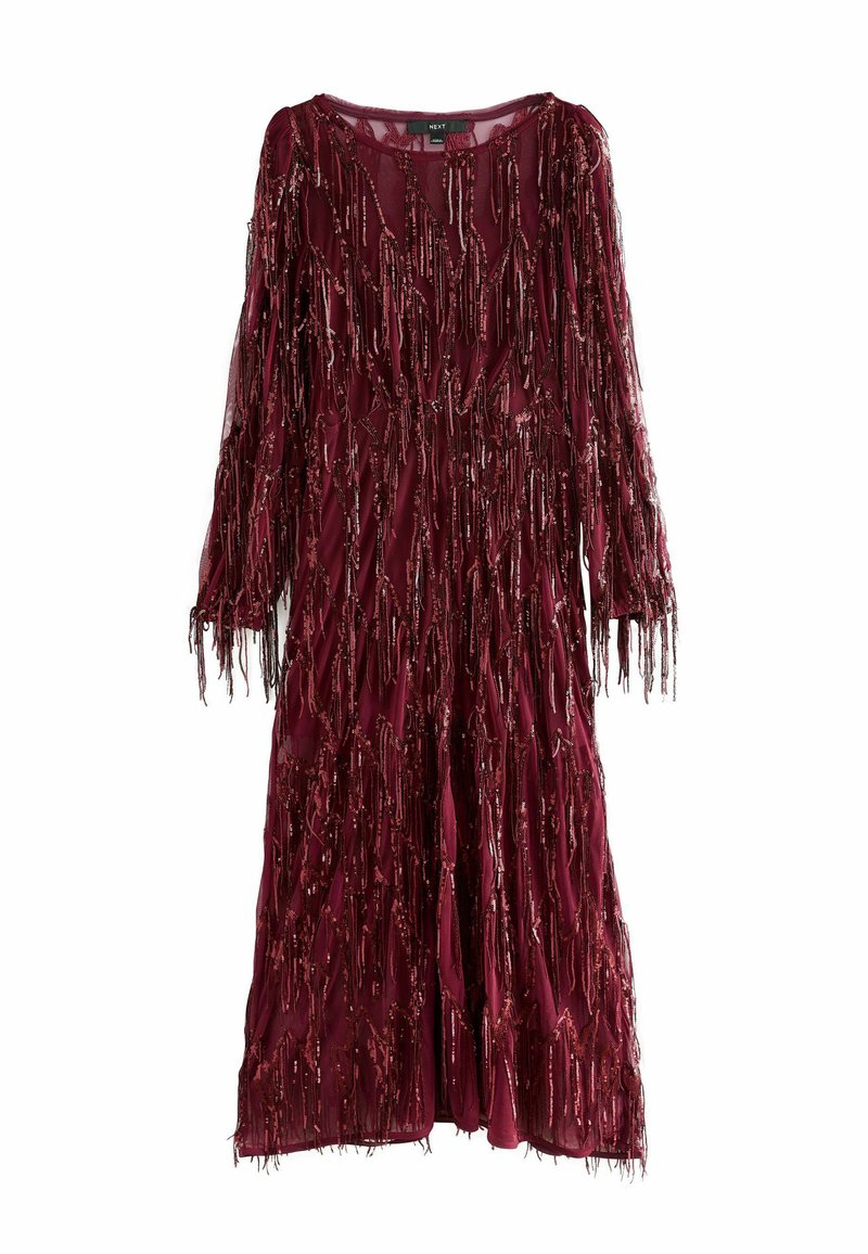 Burgunderfarbenes Kleid aus transparentem Stoff, mit langen Ärmeln und dekorativem Fransen mit metallischen Akzenten. A-Linien-Silhouette, knielang.