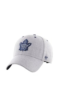 Gray baseball cap with a curved brim, featuring a navy blue embroidered Toronto Maple Leafs logo and stitching details.