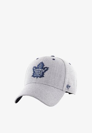 Gray baseball cap with a curved brim, featuring a navy blue embroidered Toronto Maple Leafs logo and stitching details.