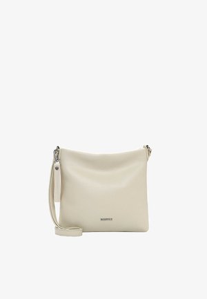 Beige Leder-Umhängetasche mit silbernen Beschlägen und abnehmbarem Riemen, mit kleinem "Emily & Noah" Logo auf der Vorderseite.
