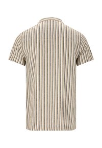 Kortärmad skjorta med krage, prydd med vertikala ränder i beige och grått. Texturen verkar mjuk och vävd.