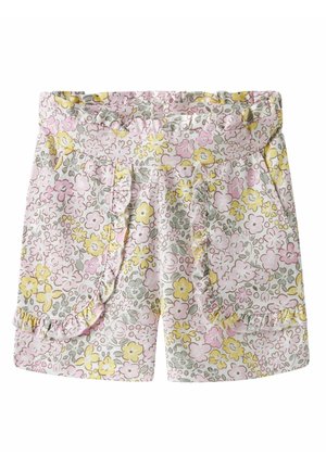 Shorts à motif floral en rose, jaune et vert, avec une taille froncée et des poches aux bords festonnés. Tissu en coton doux.