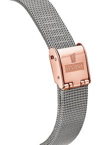 Stříbrný metalický síťový řemínek na hodinky s růžově zlatou sponou, na které je vyryto jméno značky "Festina". Hladký povrch a precizní design.