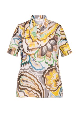 Chemise colorée à manches courtes avec un motif floral paisley en jaune, marron, vert et bleu, dotée d'un col boutonné et d'un tissu texturé.
