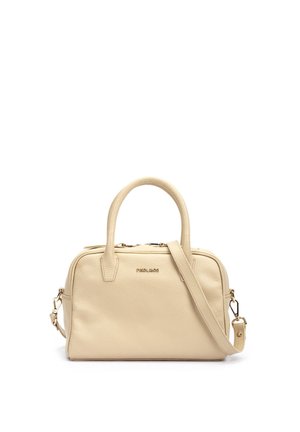 Sac à main en cuir beige avec deux poignées, bandoulière amovible et ferrures dorées, arborant un petit logo de la marque à l'avant.