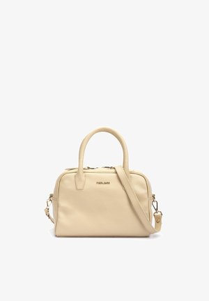 Sac à main en cuir beige avec deux poignées, bandoulière amovible et ferrures dorées, arborant un petit logo de la marque à l'avant.