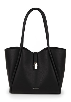 Bolso tote negro con textura, dos asas largas, una correa central con cierre plateado y el logotipo "VIVISENCE" en la parte delantera.