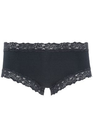 Mutande nere con bordino in pizzo in vita e aperture per le gambe, realizzate in un materiale morbido ed elastico con bordi ondulati.