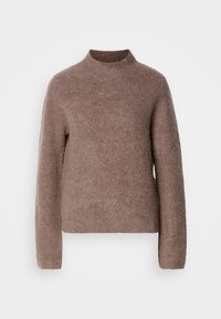 Pullover de malha castanho com gola alta e mangas longas. Tecido suave e texturizado com um corte descontraído. Design simples, sem adornos.