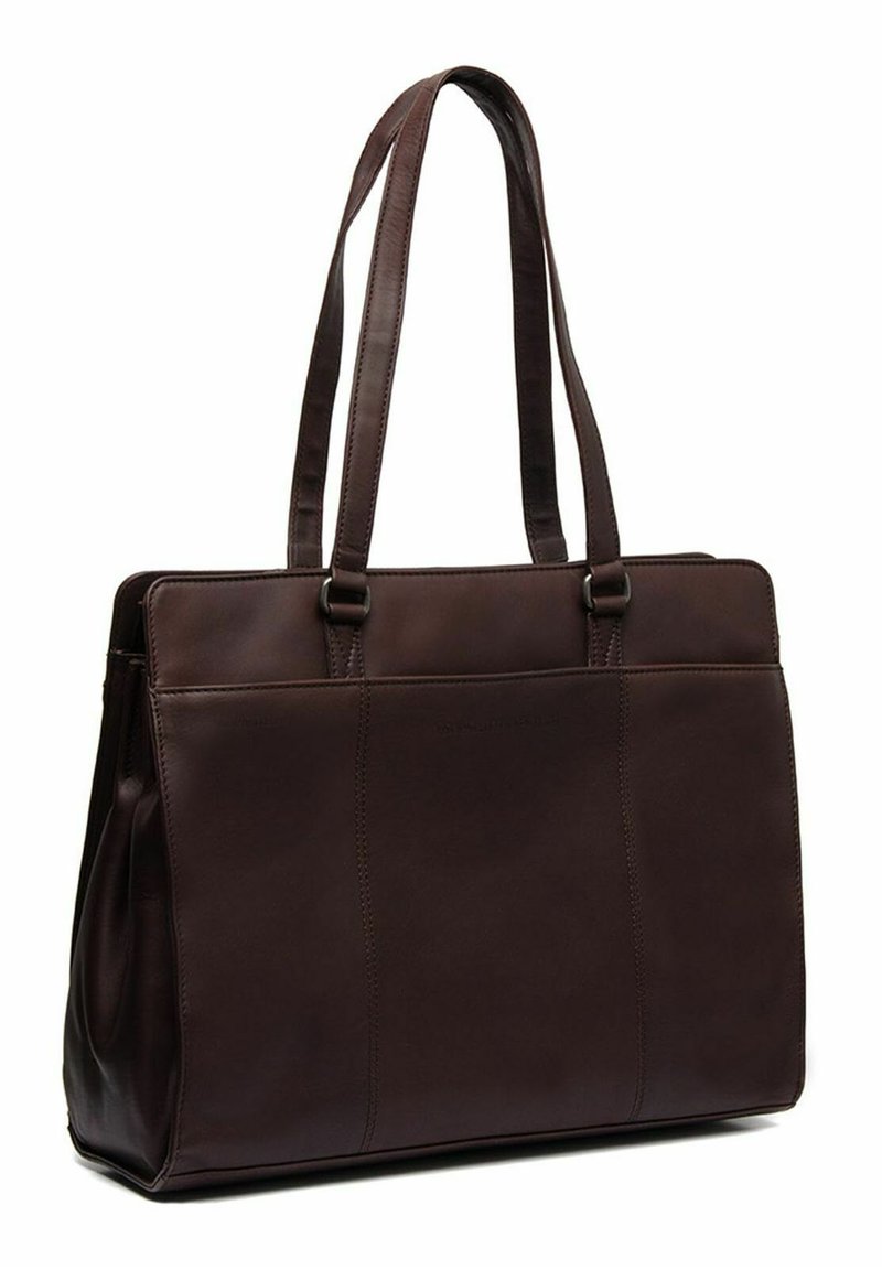Sac fourre-tout en cuir marron avec poignées doubles, forme rectangulaire et texture lisse. Présente des accents de couture sur les surfaces avant et arrière.