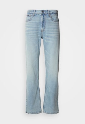 Light blue denim jeans with a straight-leg cut, featuring five pockets, a button closure, and subtle fading on the fabric.