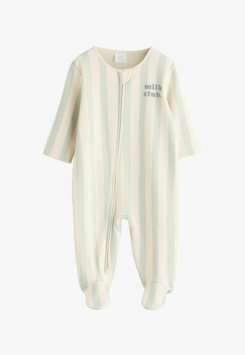 Grenouillère bébé rayée à manches longues avec pieds, fermeture éclair devant et texte "milk club" sur la poitrine en vert clair et crème.