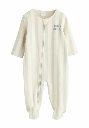 Gestreifter einteiliger Overall in hellem Creme und sanftem Grün, mit einem Reißverschluss auf der Vorderseite, langen Ärmeln und Fußteil-Design. Aufdruck: "Milk Club."