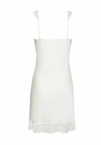 Vestido de seda blanca con encaje en el dobladillo, tirantes ajustables y delicados detalles de encaje en los tirantes.
