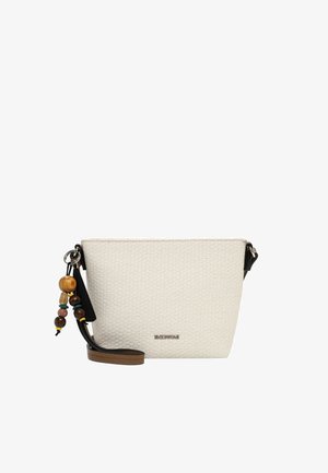 Pieni beige teksturoitu olkalaukku, jossa on ruskea hihna ja vetoketjun vetimessä roikkuvia koristeellisia puisia helmiä.