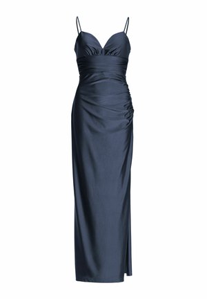 Robe en satin bleu marine foncé avec un corsage ajusté, des accents plissés, des bretelles fines et une fente latérale. Texture lisse et longueur jusqu'au sol.