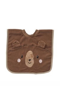 Braune Lätzchen aus Frottee mit Bärengesicht-Design; verfügt über abgerundete Ohren, gestickte Augen und eine plüschige Nase. Die Ränder sind beige umsäumt.