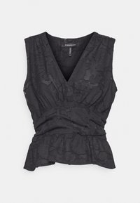 Musta ilmanhihainen toppi V-pääntiellä, jossa on teksturoidu kukkakuva ja kerätty vyötärö. Muotoilussa on peplum-helma.