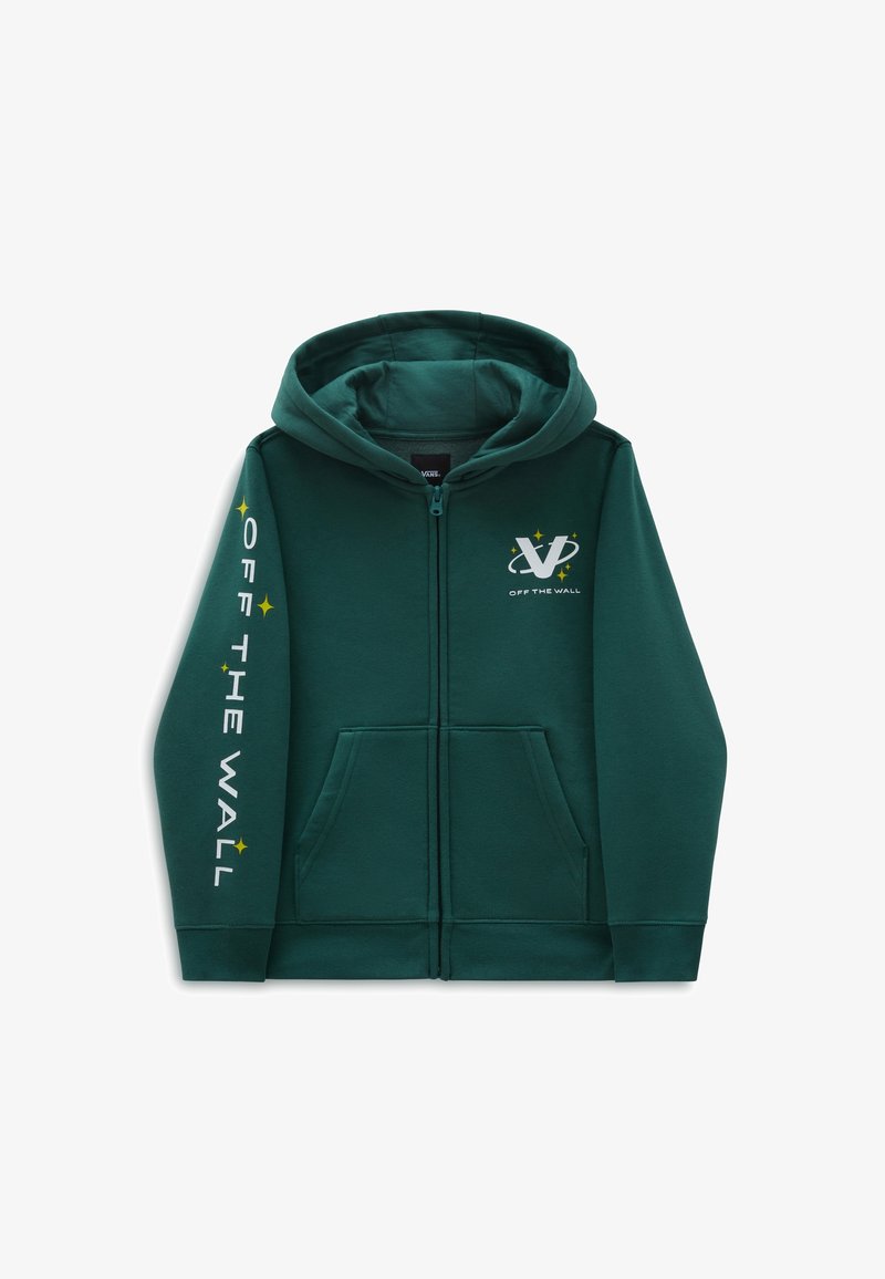 Sweat à capuche zippé vert foncé avec poches avant, capuche, texte "Off The Wall" sur la manche gauche, et un logo "V" décoré d'étoiles sur la poitrine.
