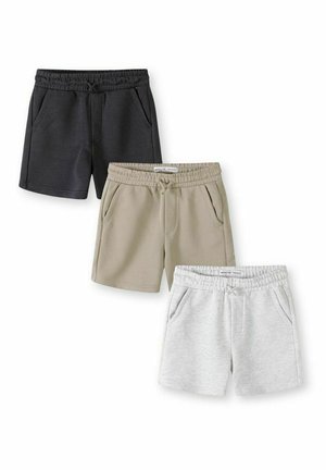 Drei Paar lässige Shorts mit elastischem Bund in Schwarz, Beige und Hellgrau, flach liegend dargestellt mit Fronttaschen und Kordelzug-Details.