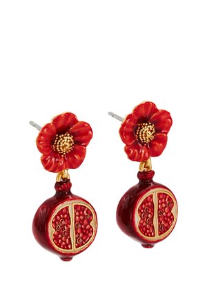 Red flower stud earrings with dangling pomegranate halves showing seeds, detailed with gold accents on a white background.