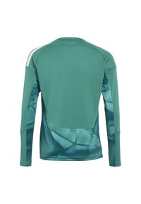 Τ teal αθλητικό πουκάμισο μακρύ μανίκι με αφηρημένα γεωμετρικά μοτίβα σε σκούρο teal στο κάτω μέρος της πλάτης και στα μανίκια, λευκές ρίγες στους ώμους.