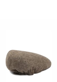 Bruine flat cap met visgraatpatroon van gestructureerde wol, met een afgeronde vorm en doorgestikte details langs de rand.