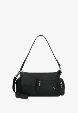 Bolso crossbody de cuero negro con un acabado texturizado, que cuenta con un compartimento principal con cremallera, un bolsillo frontal y una correa ajustable.