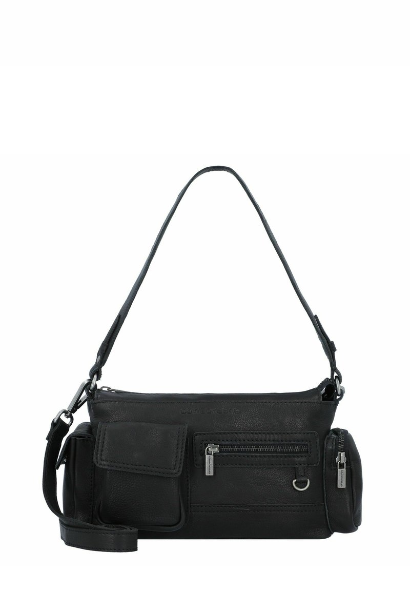 Borsa a tracolla nera in pelle con una finitura texture, dotata di scomparto principale con zip, tasca frontale e tracolla regolabile.