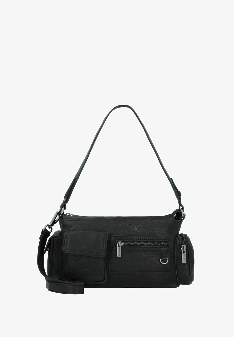 Schwarze Leder-Crossbody-Tasche mit strukturiertem Finish, ausgestattet mit einem mit Reißverschluss versehenen Hauptfach, einer Vordertasche und einem verstellbaren Tragegurt.