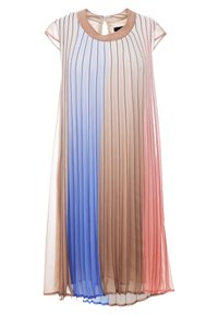Robe plissée sans manches avec des rayures noires verticales, base beige et parties en tissu dégradé bleu et corail, col rond avec bordure beige.