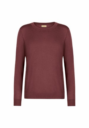 Langærmet crew neck sweater i solid mørk rødbrun farve, ensfarvet strikstof, ribbede cuffs og kant.