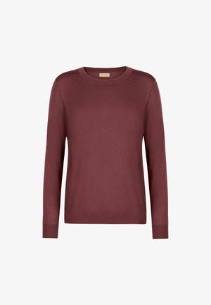 Långärmad tröja med rund hals i en solid mörk rödbrun färg, slät stickad tyg, ribbade ärmslut och fåll.