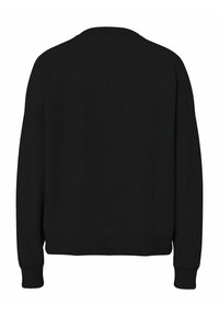 Juodas džemperis su apvalia iškirpte, ilgomis rankovėmis, ribotais rankogaliais ir lygiu audiniu, sukurtas paprastu ir minimalistiniu stiliumi.