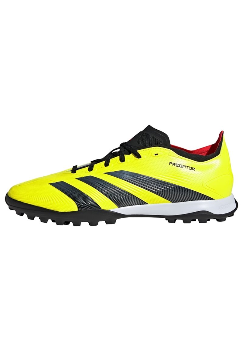 Crampon de football jaune vif avec des accents noirs, tige texturée et crampons en caoutchouc moulés. Présente un design élégant et une languette rembourrée.