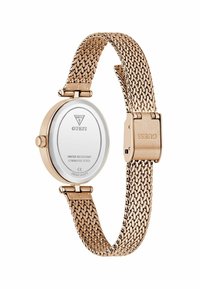 Montre-bracelet en or rose avec un bracelet tissé en acier inoxydable et un cadran circulaire, affichant la marque et les détails de résistance à l'eau au dos.