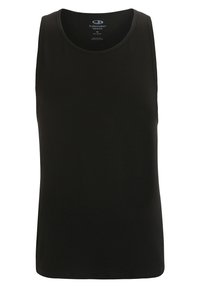 Schwarzes Tanktop aus Merinowolle, mit Rundhalsausschnitt und ärmellosem Design. Glatte Textur ohne sichtbare Muster oder Akzente.