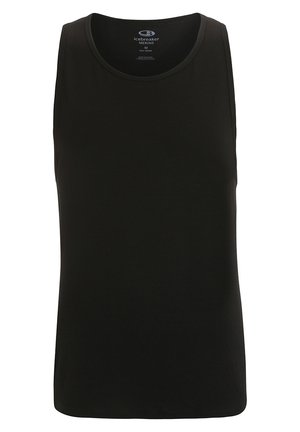 Schwarzes Tanktop aus Merinowolle, mit Rundhalsausschnitt und ärmellosem Design. Glatte Textur ohne sichtbare Muster oder Akzente.