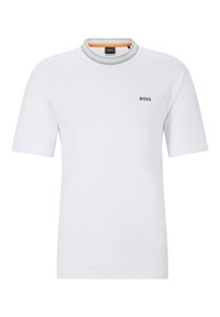 White short-sleeve t-shirt with a round neck featuring a ribbed collar, accented by a contrasting inner band, and a small logo on the chest.