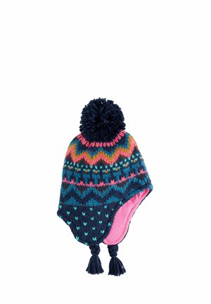 Strickmütze in Marineblau mit bunten Zickzackmustern, pinkem Innenfutter und einem Bommel oben. Mit geflochtenen Bändern und Quasten.