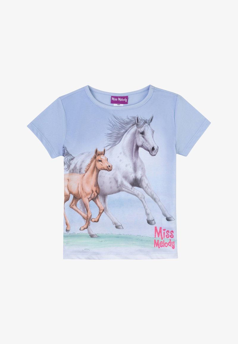 Maglietta azzurra chiara con una grafica di un cavallo grigio in corsa e un puledro. "Miss Melody" in testo rosa in basso a destra. Tessuto morbido.