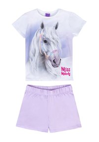 Maglietta con base bianca che presenta una grafica di un cavallo grigio e la scritta "Miss Melody" in rosa, abbinata a pantaloni corti lilla con vita elastica.