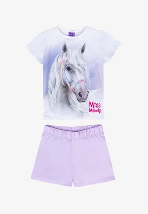 T-shirt with a white base featuring a gray horse graphic and "Miss Melody" in pink, paired with lilac shorts with an elastic waistband.