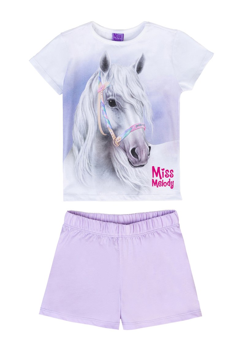 Maglietta con base bianca che presenta una grafica di un cavallo grigio e la scritta "Miss Melody" in rosa, abbinata a pantaloni corti lilla con vita elastica.