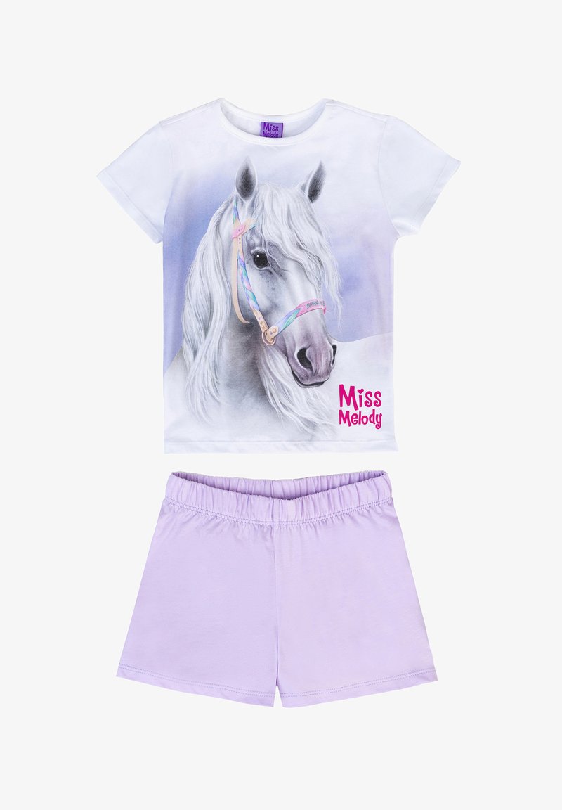 Maglietta con base bianca che presenta una grafica di un cavallo grigio e la scritta "Miss Melody" in rosa, abbinata a pantaloni corti lilla con vita elastica.